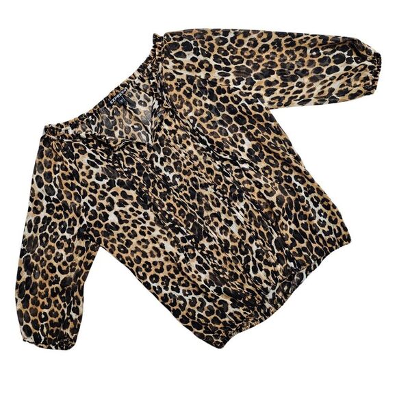 EXPRESS Y2K Animal Print Cheetah Flirtly Off shoulder Chiffon Blouse Size S - Picture 1 of 10